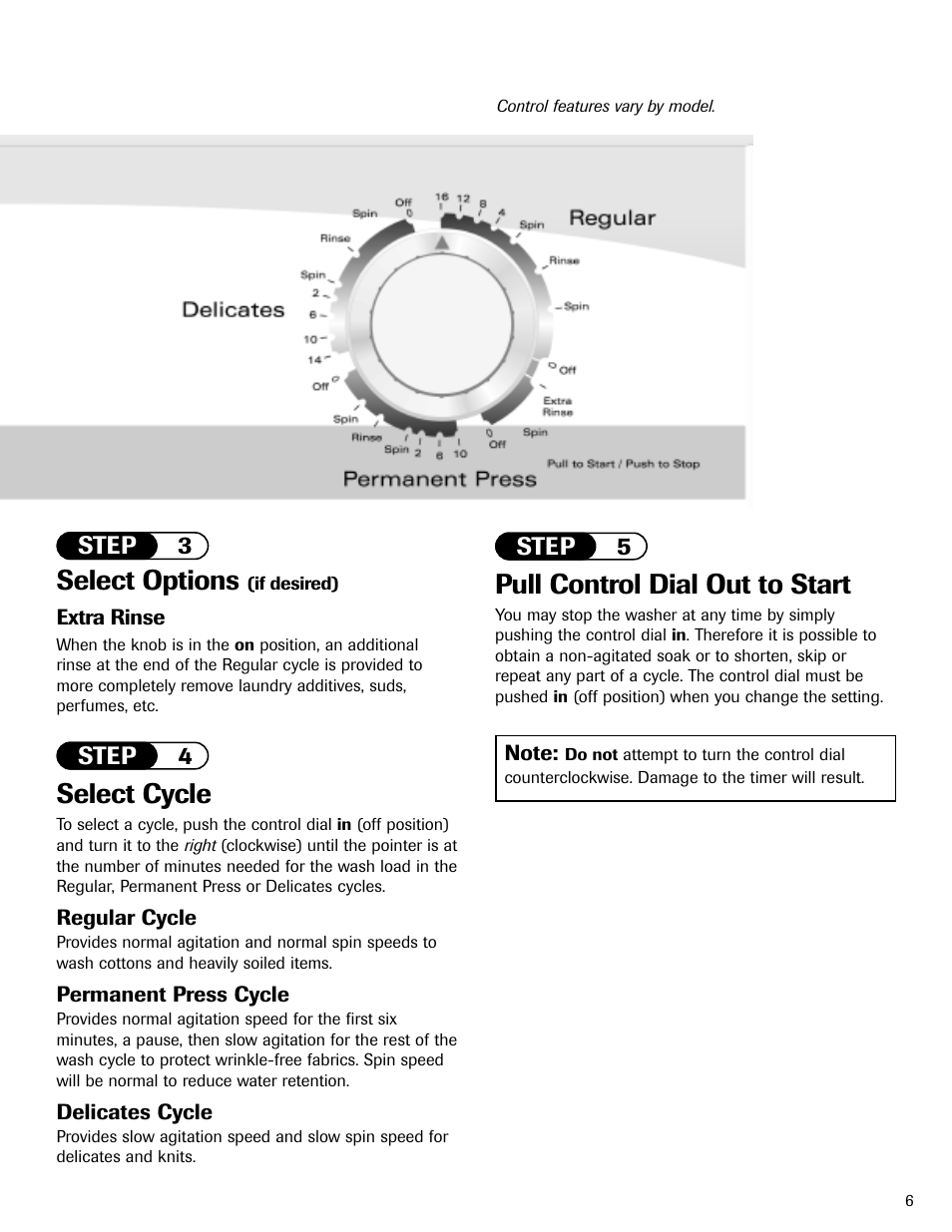 Select cycle, Pull control dial out to start, Select options | Maytag MAV408DAWW User Manual | Page 7 / 36