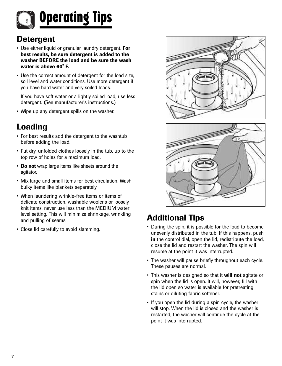 Operating tips, Detergent, Loading | Additional tips | Maytag MAV408DAWW User Manual | Page 8 / 36