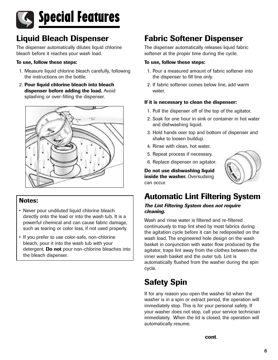 Special features, Liquid bleach dispenser, Fabric softener dispenser | Automatic lint filtering system, Safety spin | Maytag MAV408DAWW User Manual | Page 9 / 36