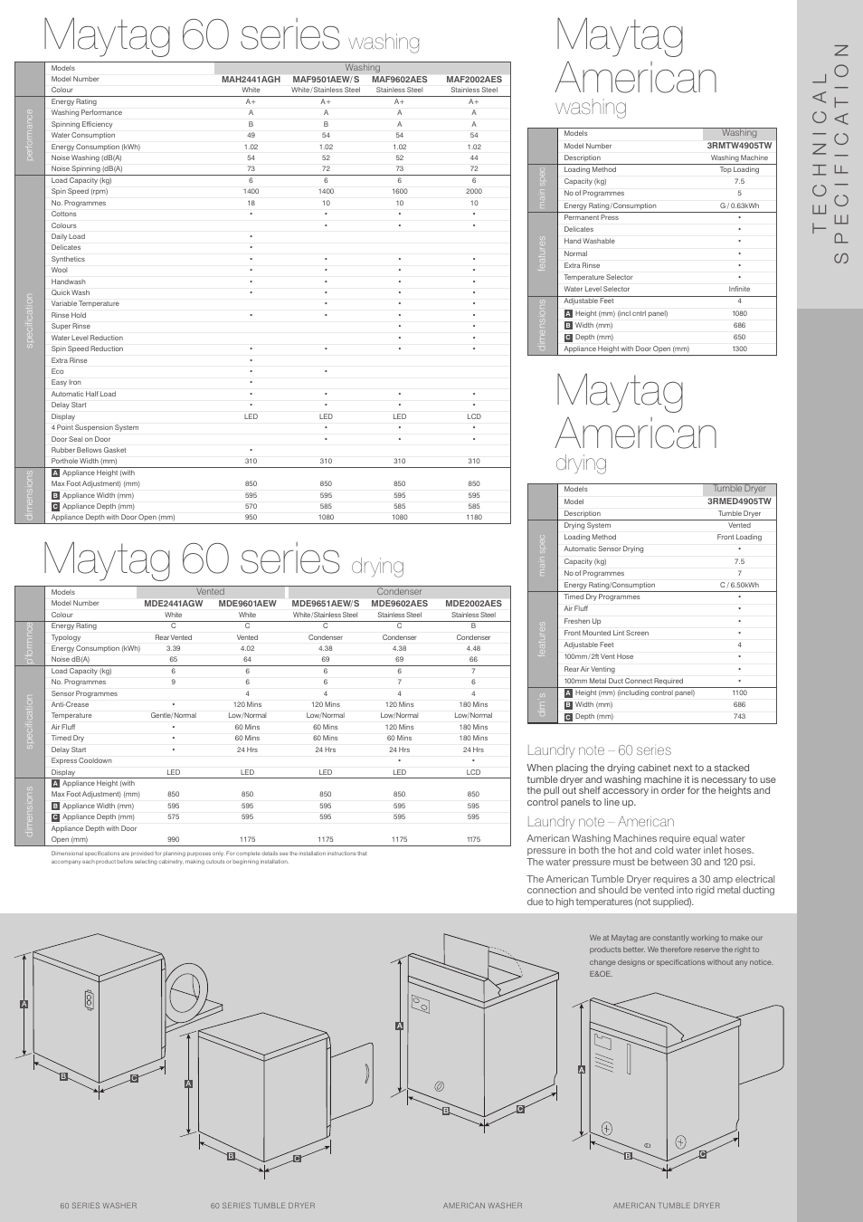 Maytag 60 series, Maytag american, Washing | Drying, Technical specifica tion | Maytag G32026PEKS User Manual | Page 5 / 8