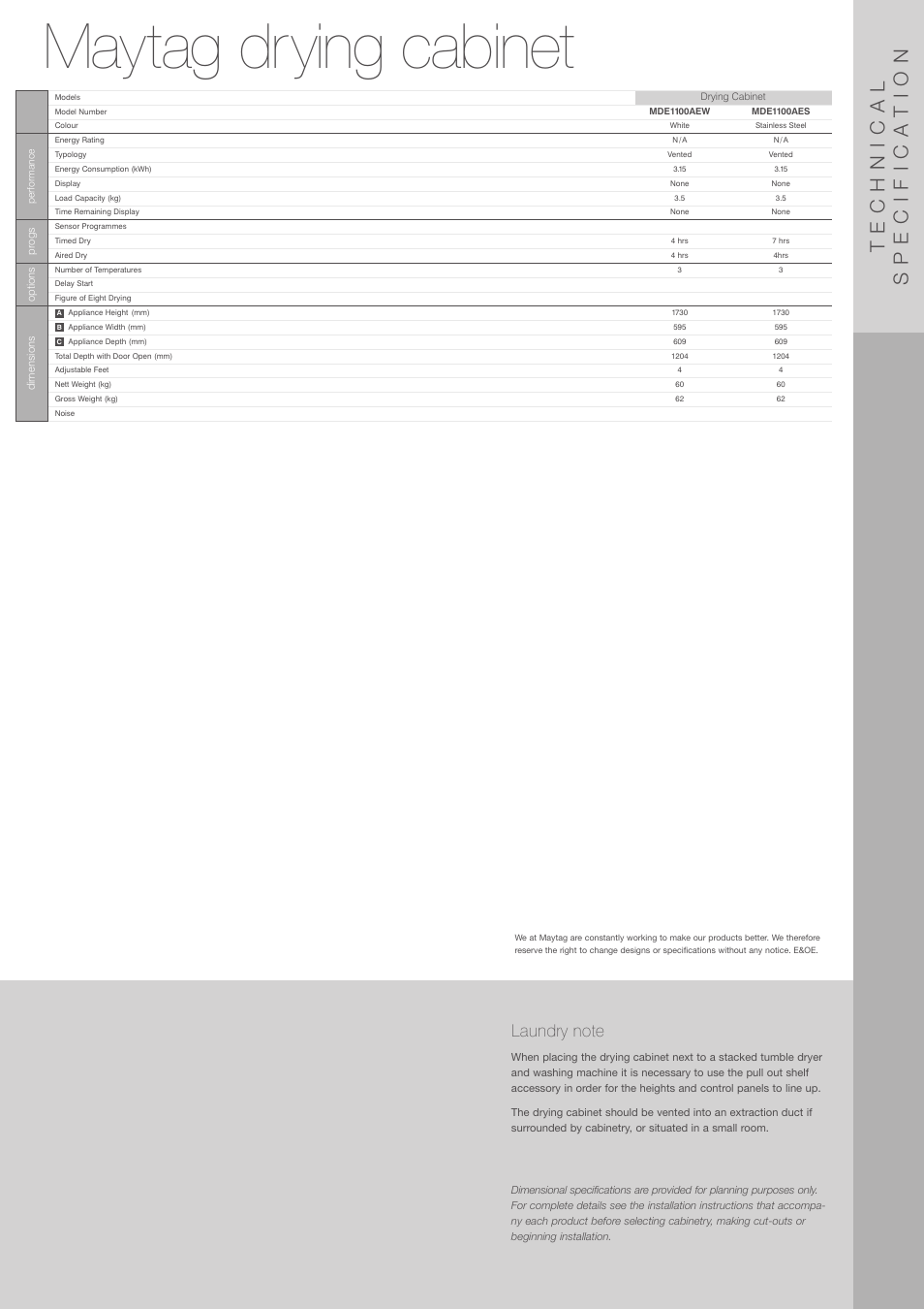 Maytag drying cabinet, Technical specifica tion | Maytag G32026PEKS User Manual | Page 6 / 8