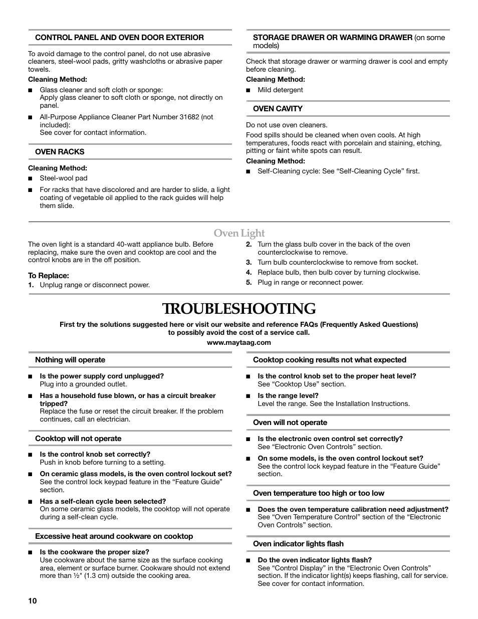 Troubleshooting, Oven light | Maytag W10321012A User Manual | Page 10 / 12