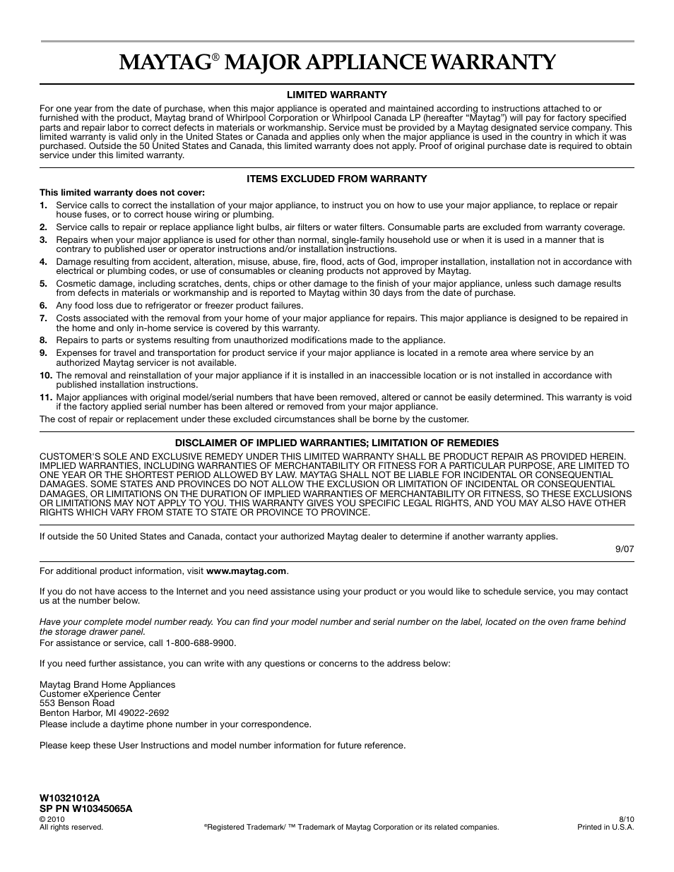 Maytag, Major appliance warranty | Maytag W10321012A User Manual | Page 12 / 12
