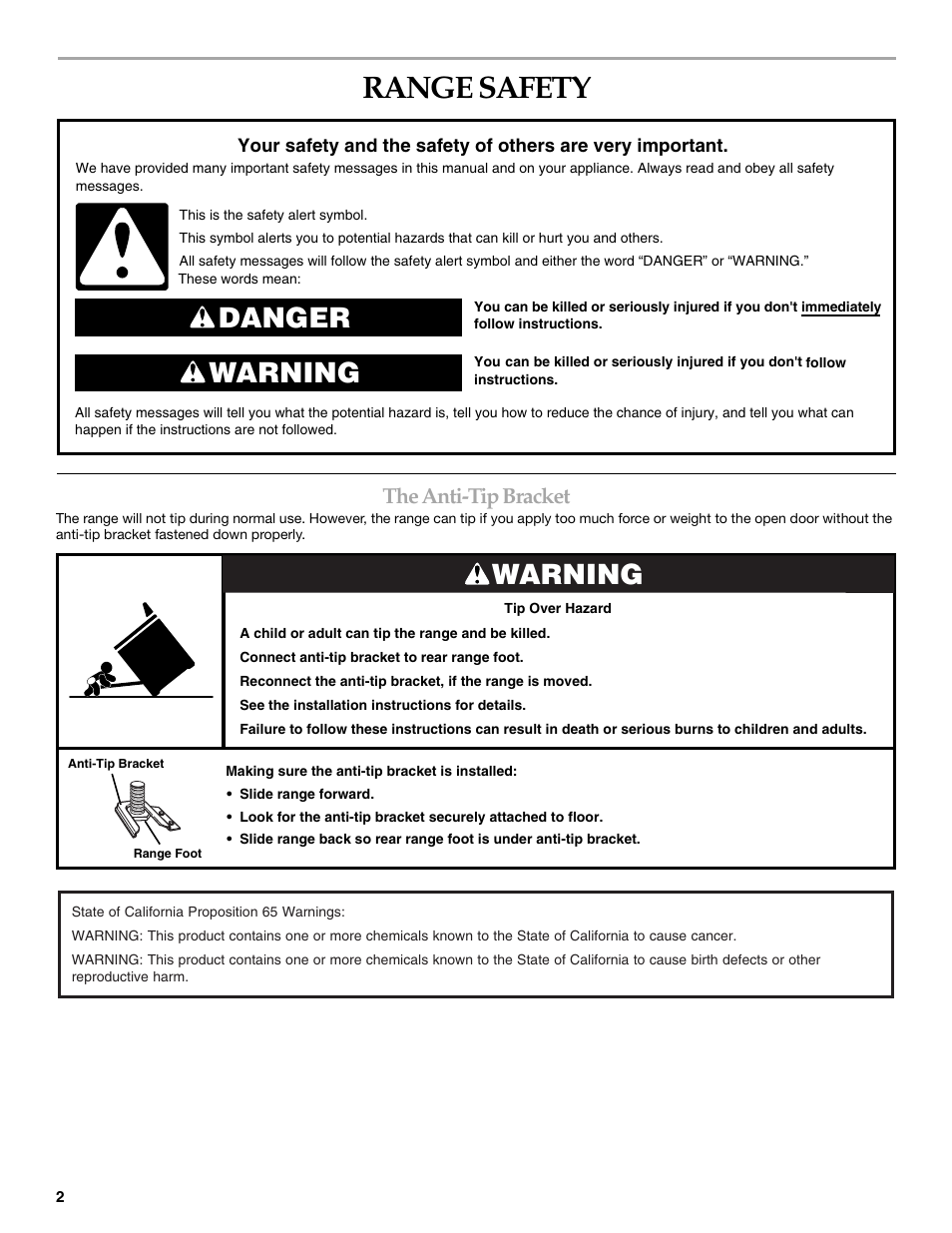 Range safety, Danger warning, Warning | The anti-tip bracket | Maytag W10321012A User Manual | Page 2 / 12