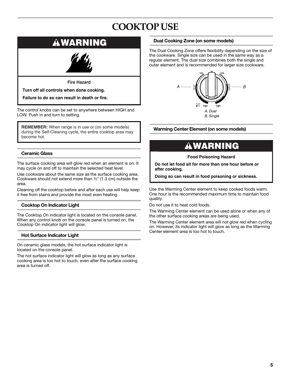 Cooktop use, Warning | Maytag W10321012A User Manual | Page 5 / 12