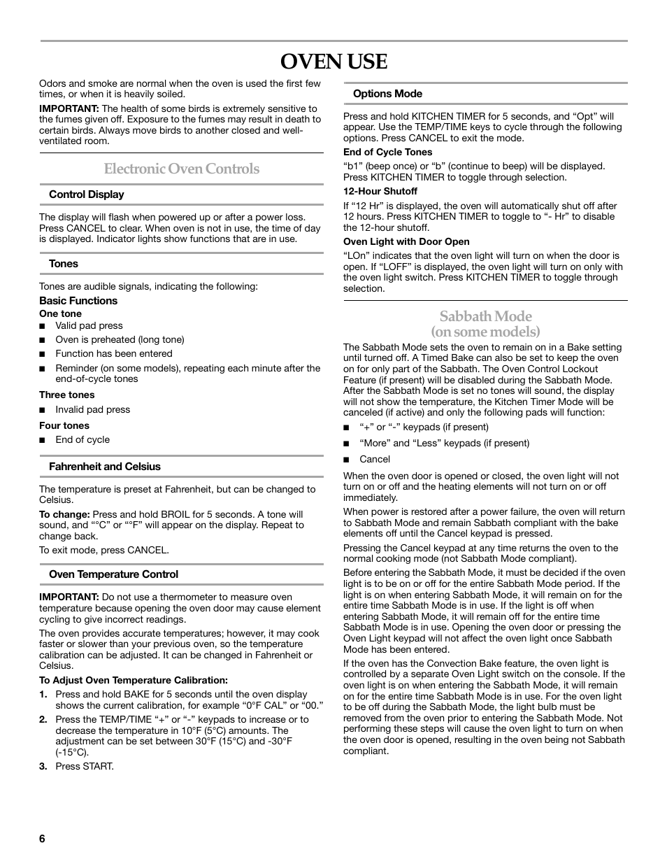 Oven use, Electronic oven controls, Sabbath mode (on some models) | Maytag W10321012A User Manual | Page 6 / 12