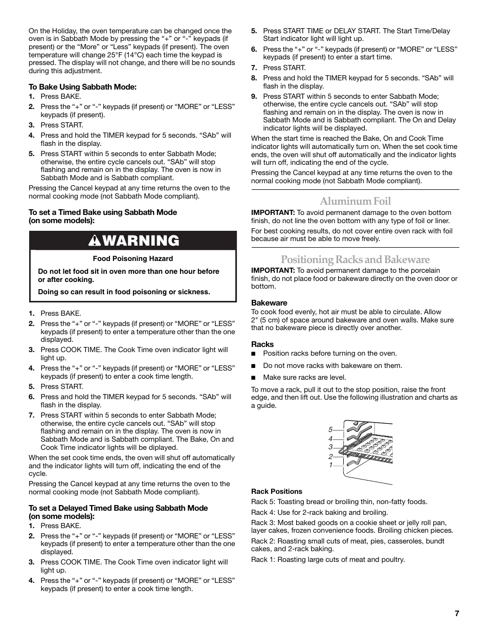 Warning, Aluminum foil, Positioning racks and bakeware | Maytag W10321012A User Manual | Page 7 / 12