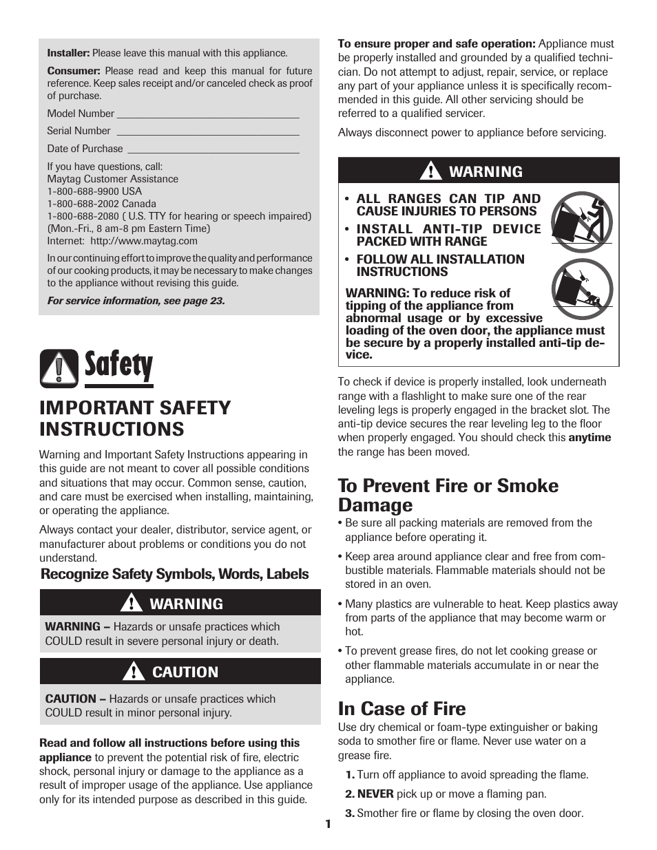 Safety, Important safety instructions | Maytag AGR5735QDB User Manual | Page 2 / 24