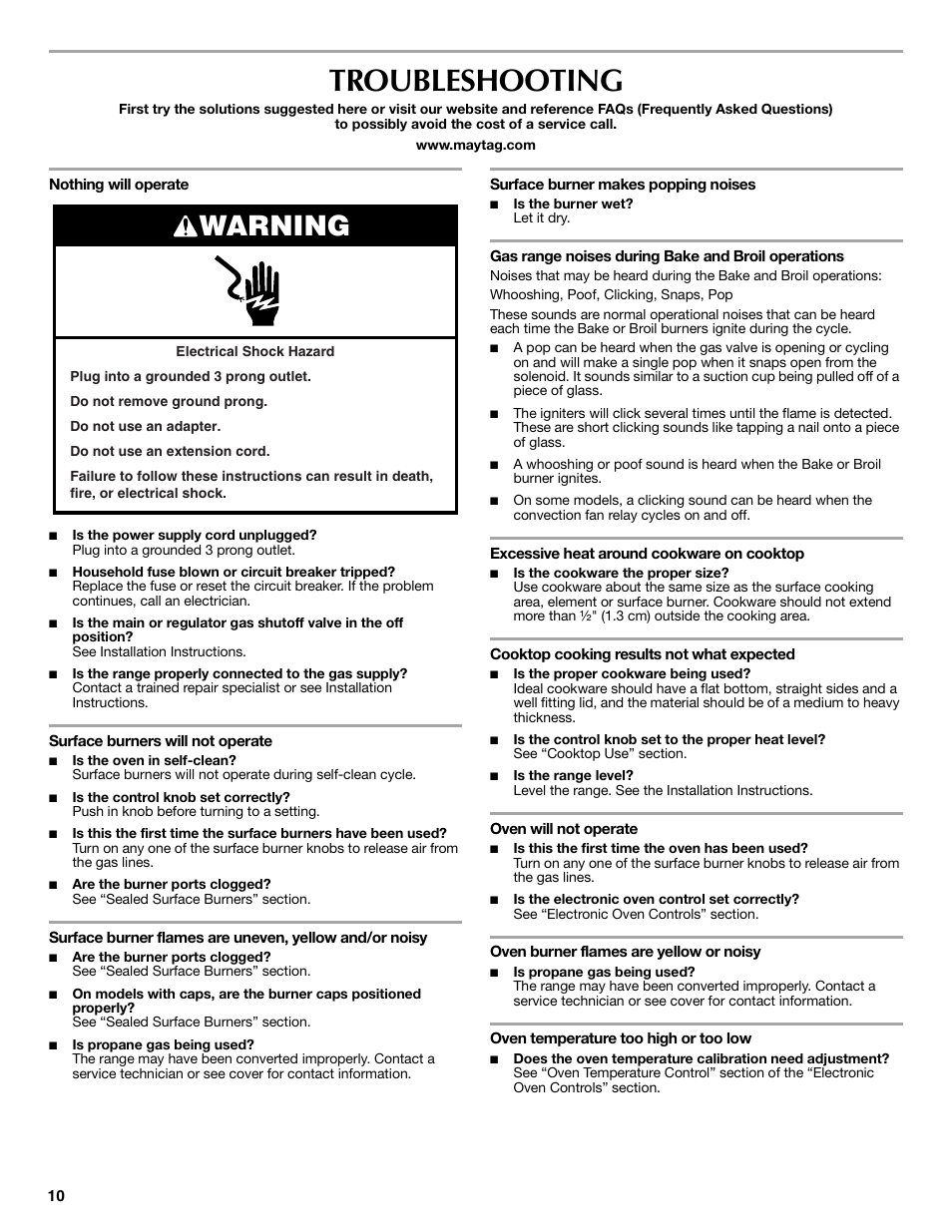 Troubleshooting, Warning | Maytag W10234648A User Manual | Page 10 / 12