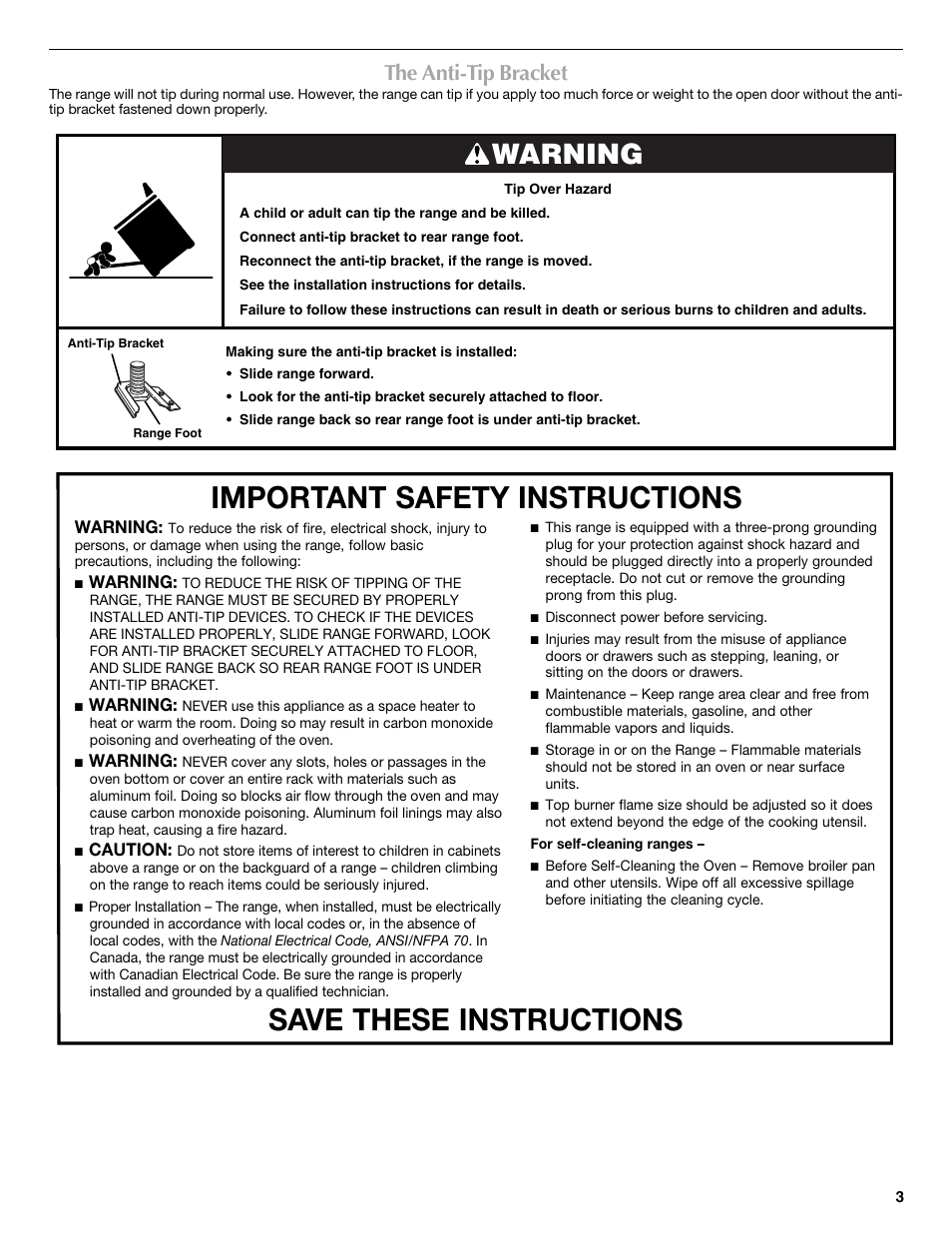Warning, The anti-tip bracket | Maytag W10234648A User Manual | Page 3 / 12