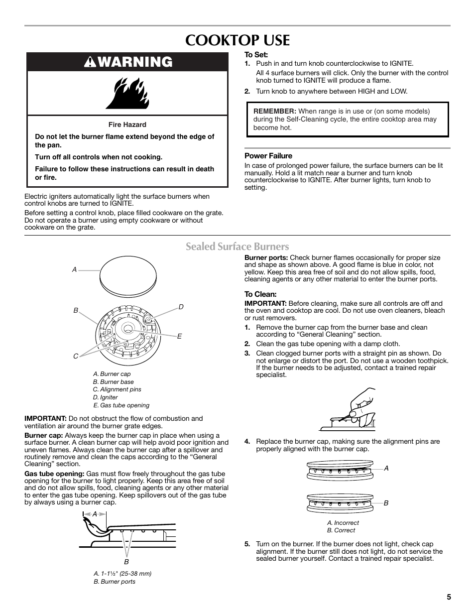 Cooktop use, Warning, Sealed surface burners | Maytag W10234648A User Manual | Page 5 / 12
