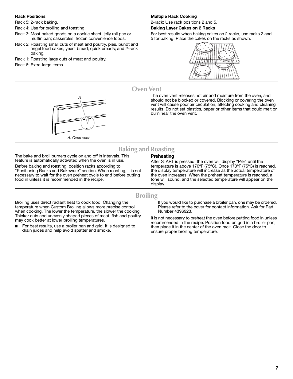 Oven vent, Baking and roasting, Broiling | Maytag W10234648A User Manual | Page 7 / 12