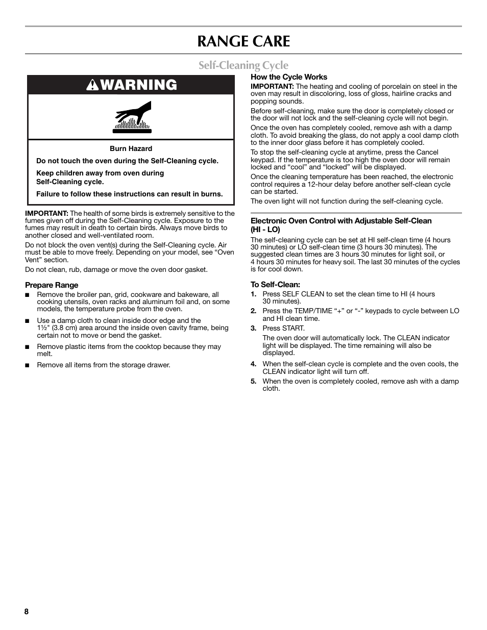 Range care, Warning, Self-cleaning cycle | Maytag W10234648A User Manual | Page 8 / 12