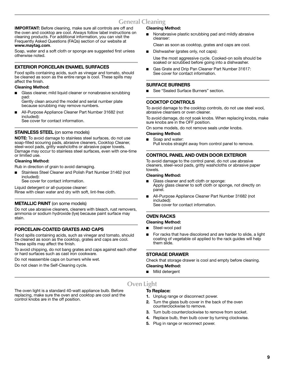 General cleaning, Oven light | Maytag W10234648A User Manual | Page 9 / 12