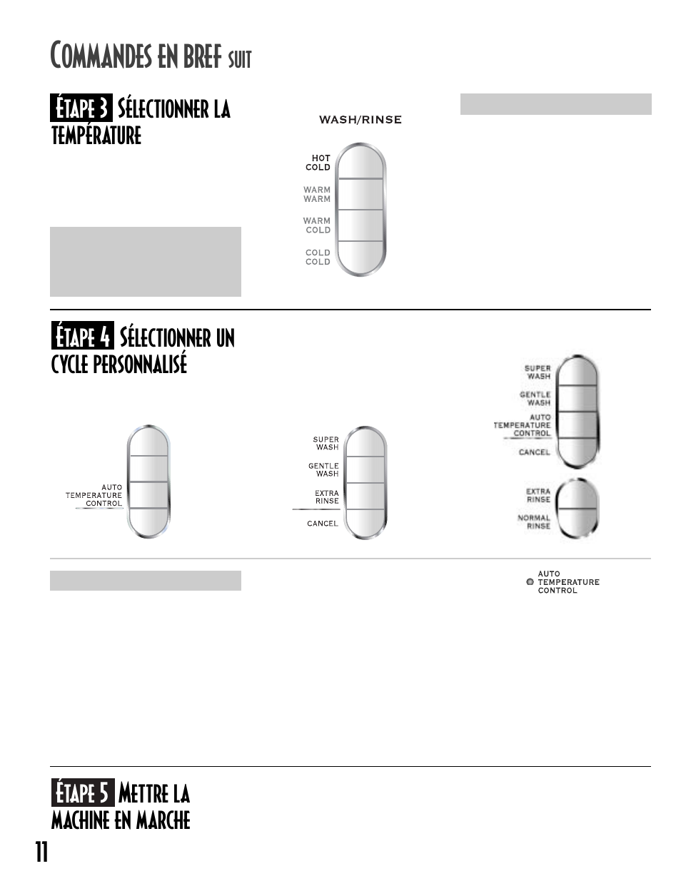 Ommandes en bref, Étape 5 mettre la machine en marche, Étape 3 sélectionner la température | Étape 4 sélectionner un cycle personnalisé, Suit | Maytag 2612990 User Manual | Page 12 / 24