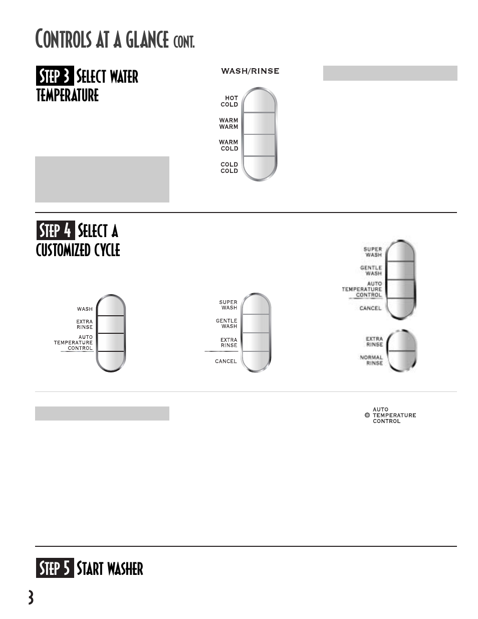 Ontrols at a glance, Step 4 select a customized cycle, Step 5 start washer | Step 3 select water temperature, Cont | Maytag 2612990 User Manual | Page 4 / 24