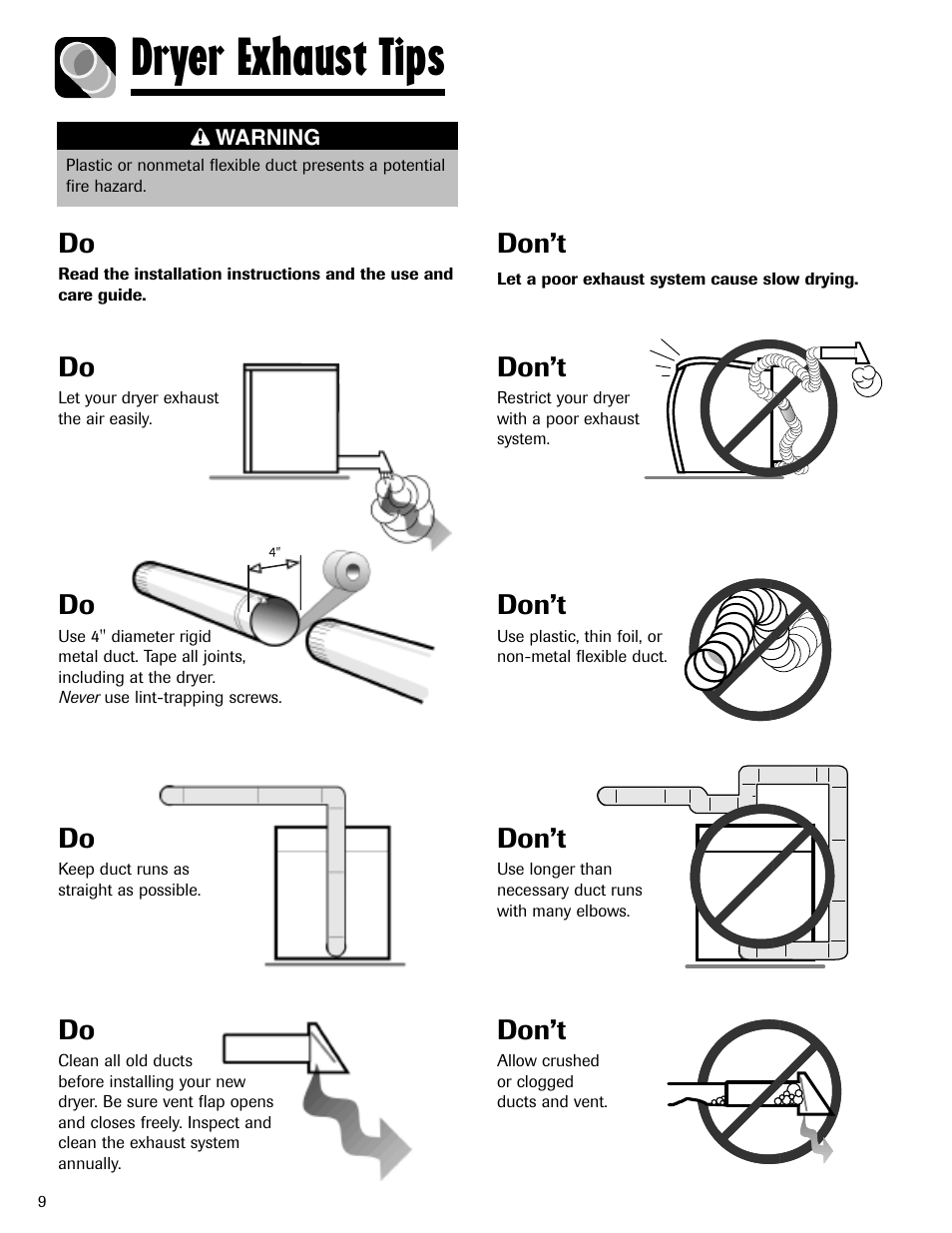 Dryer exhaust tips, Don’t | Maytag MD-24 User Manual | Page 10 / 36