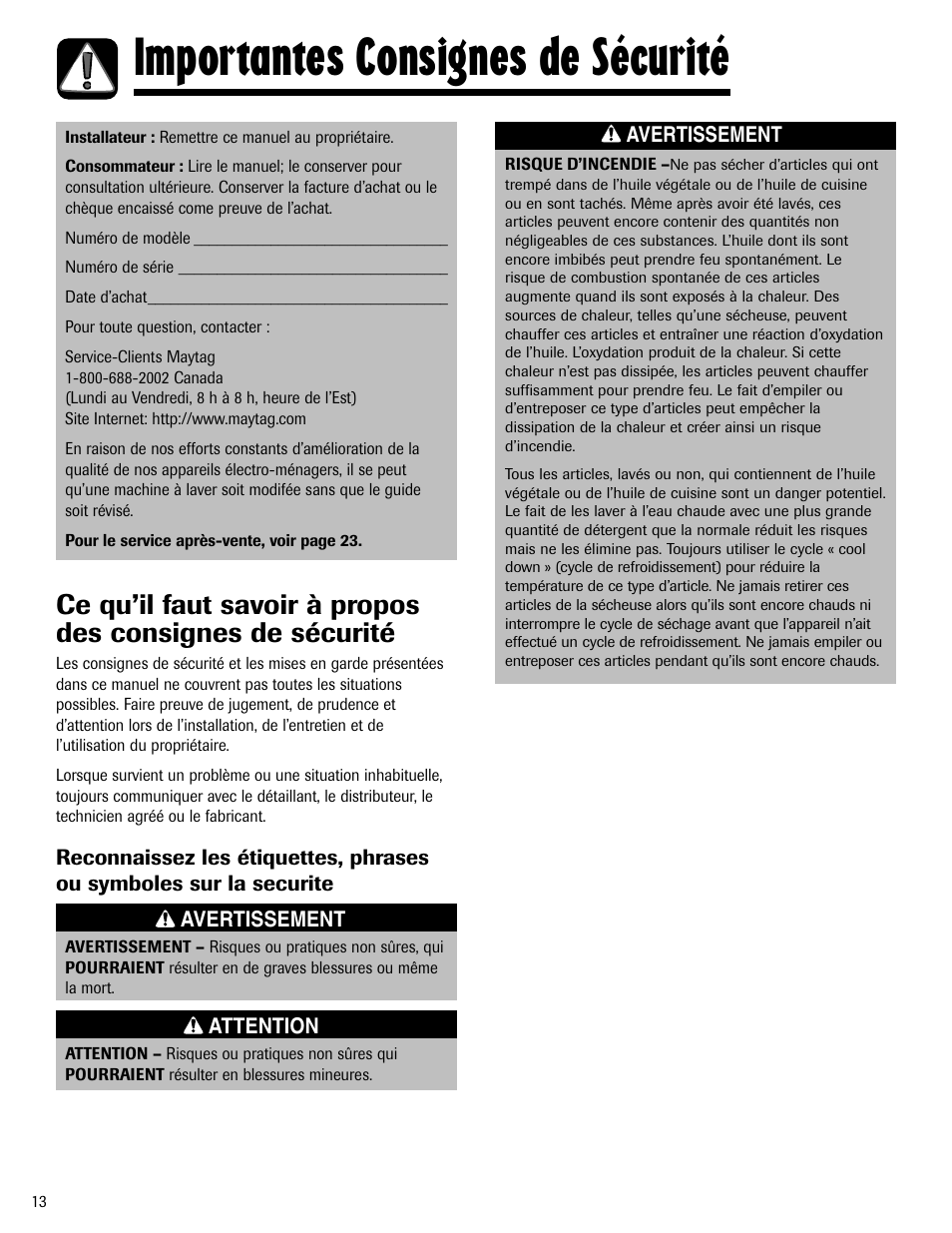 Importantes consignes de sécurité | Maytag MD-24 User Manual | Page 14 / 36