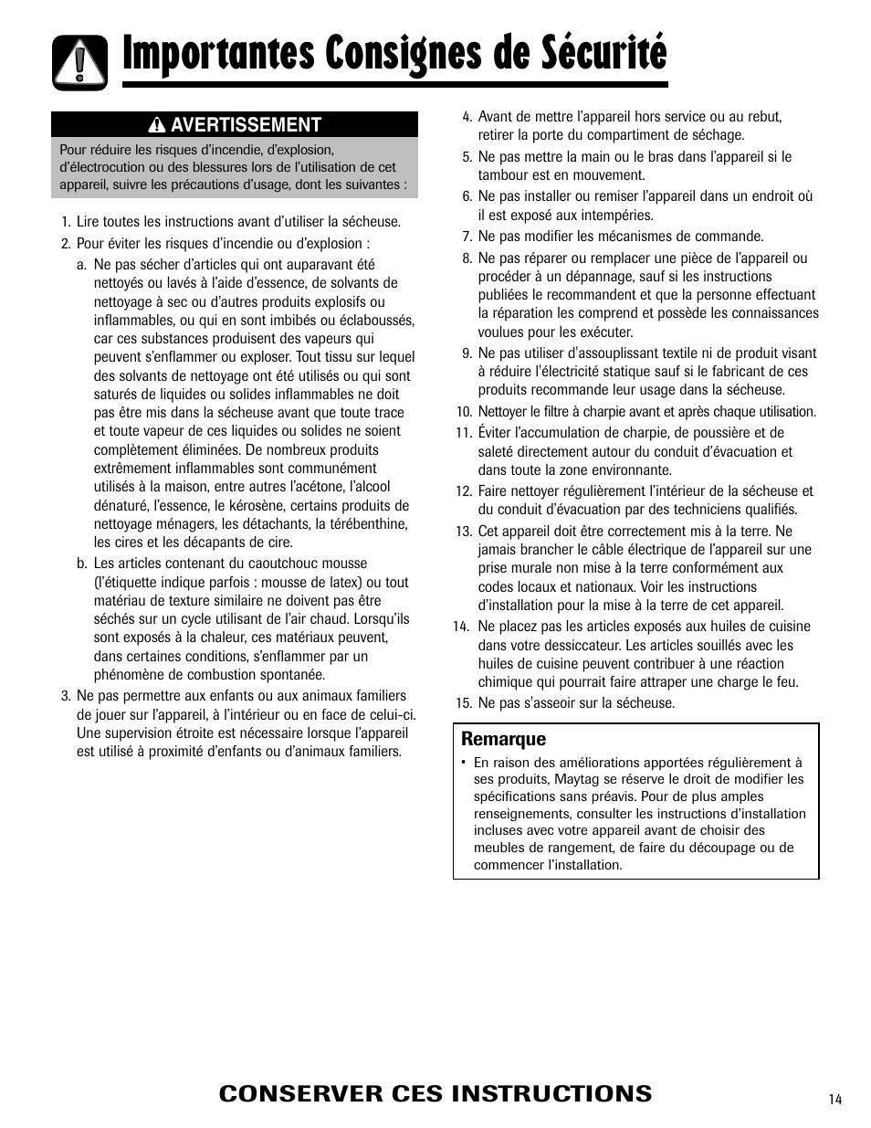 Importantes consignes de sécurité, Conserver ces instructions | Maytag MD-24 User Manual | Page 15 / 36