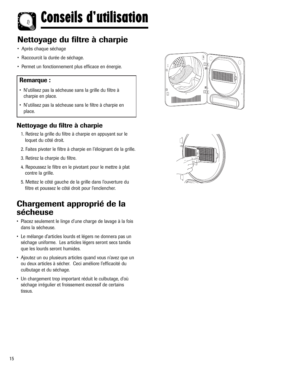 Conseils d’utilisation, Nettoyage du filtre à charpie, Chargement approprié de la sécheuse | Maytag MD-24 User Manual | Page 16 / 36