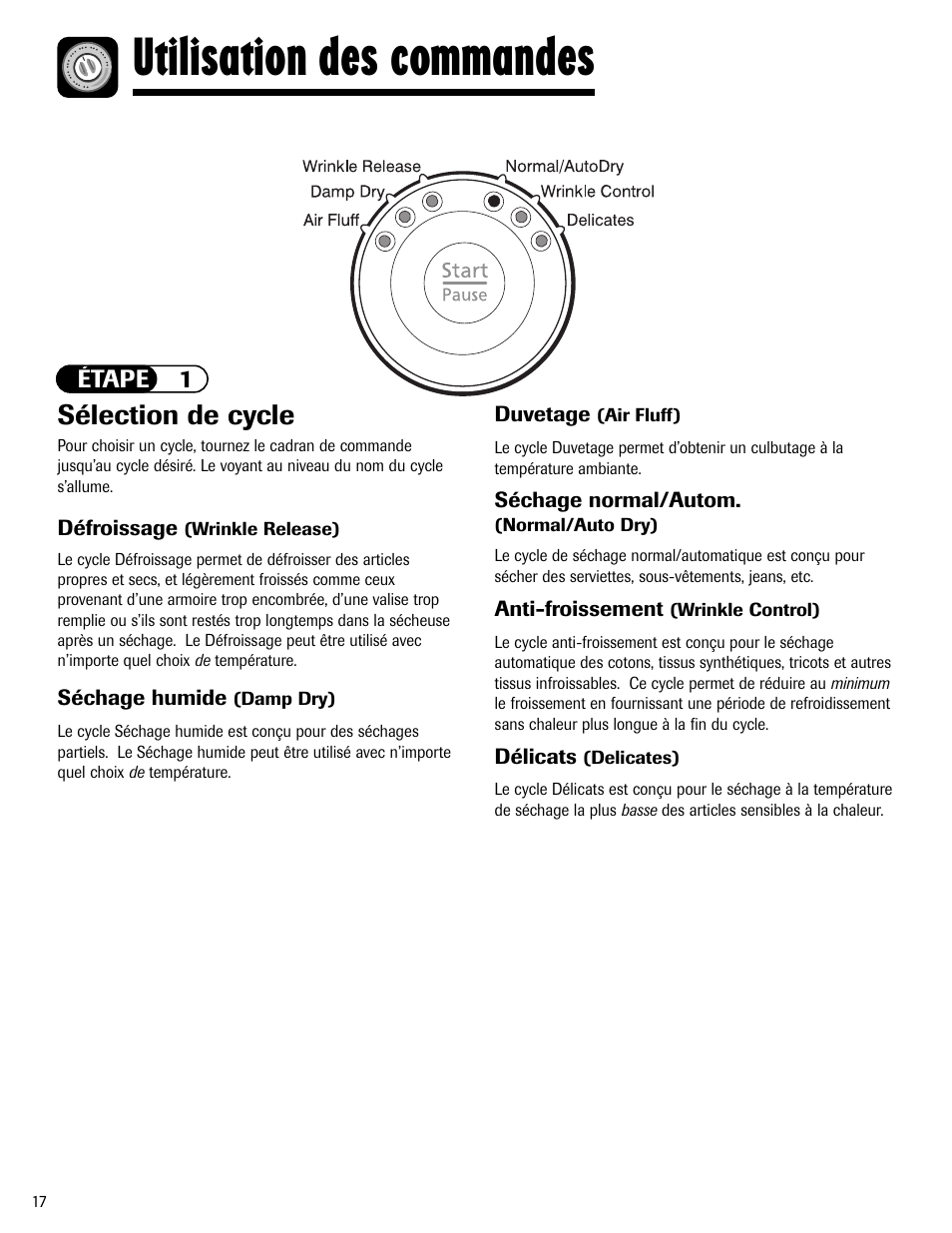 Utilisation des commandes, Sélection de cycle | Maytag MD-24 User Manual | Page 18 / 36