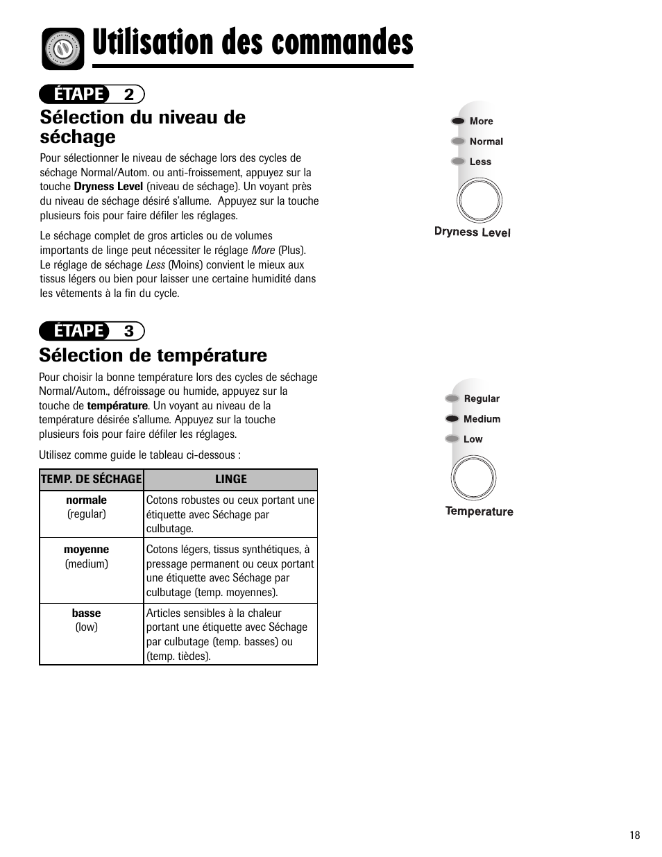 Utilisation des commandes, Sélection de température, Sélection du niveau de séchage | Maytag MD-24 User Manual | Page 19 / 36