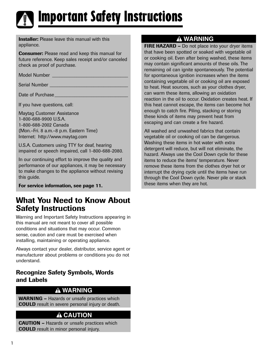 Important safety instructions, What you need to know about safety instructions | Maytag MD-24 User Manual | Page 2 / 36