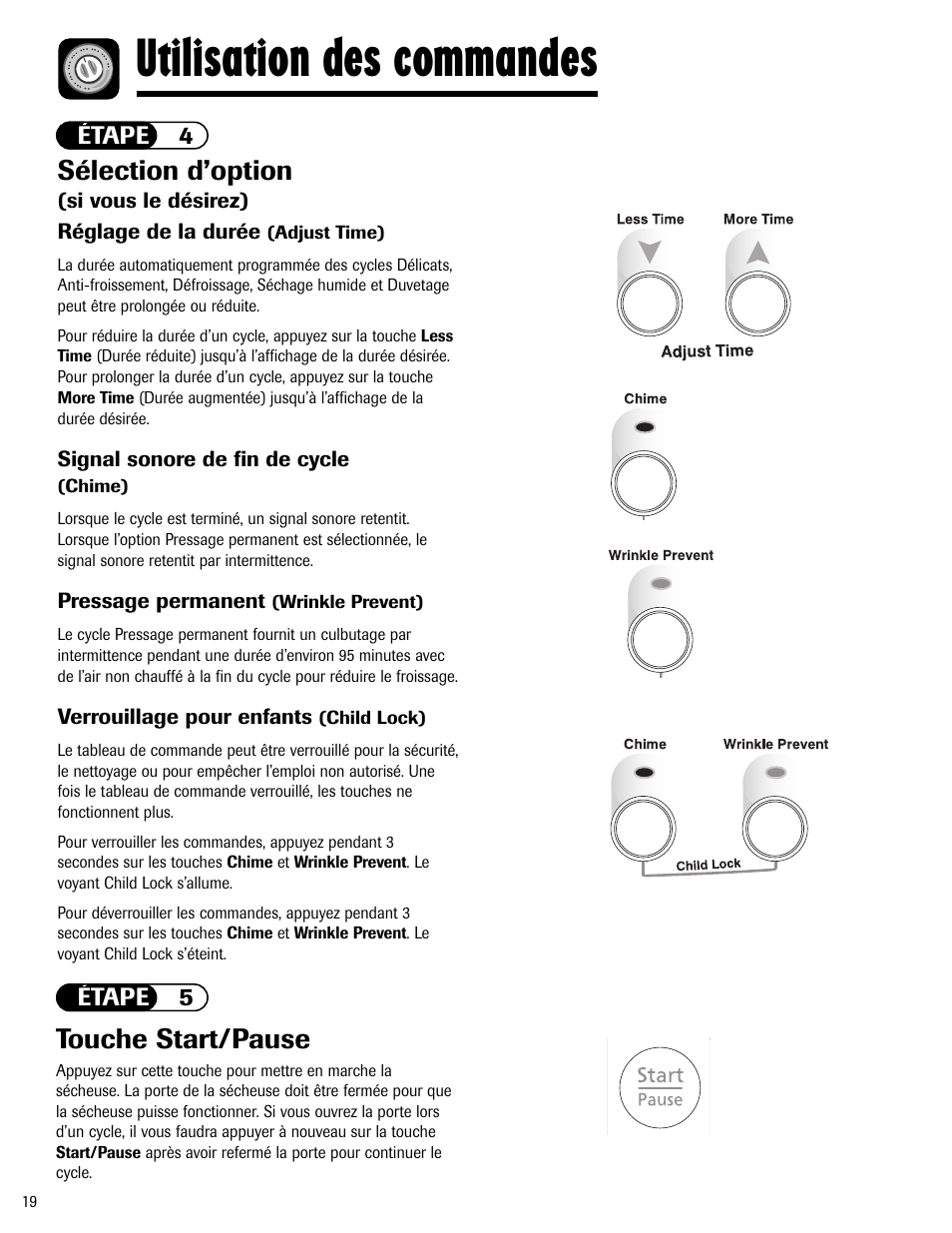 Utilisation des commandes, Sélection d’option, Touche start/pause | Maytag MD-24 User Manual | Page 20 / 36