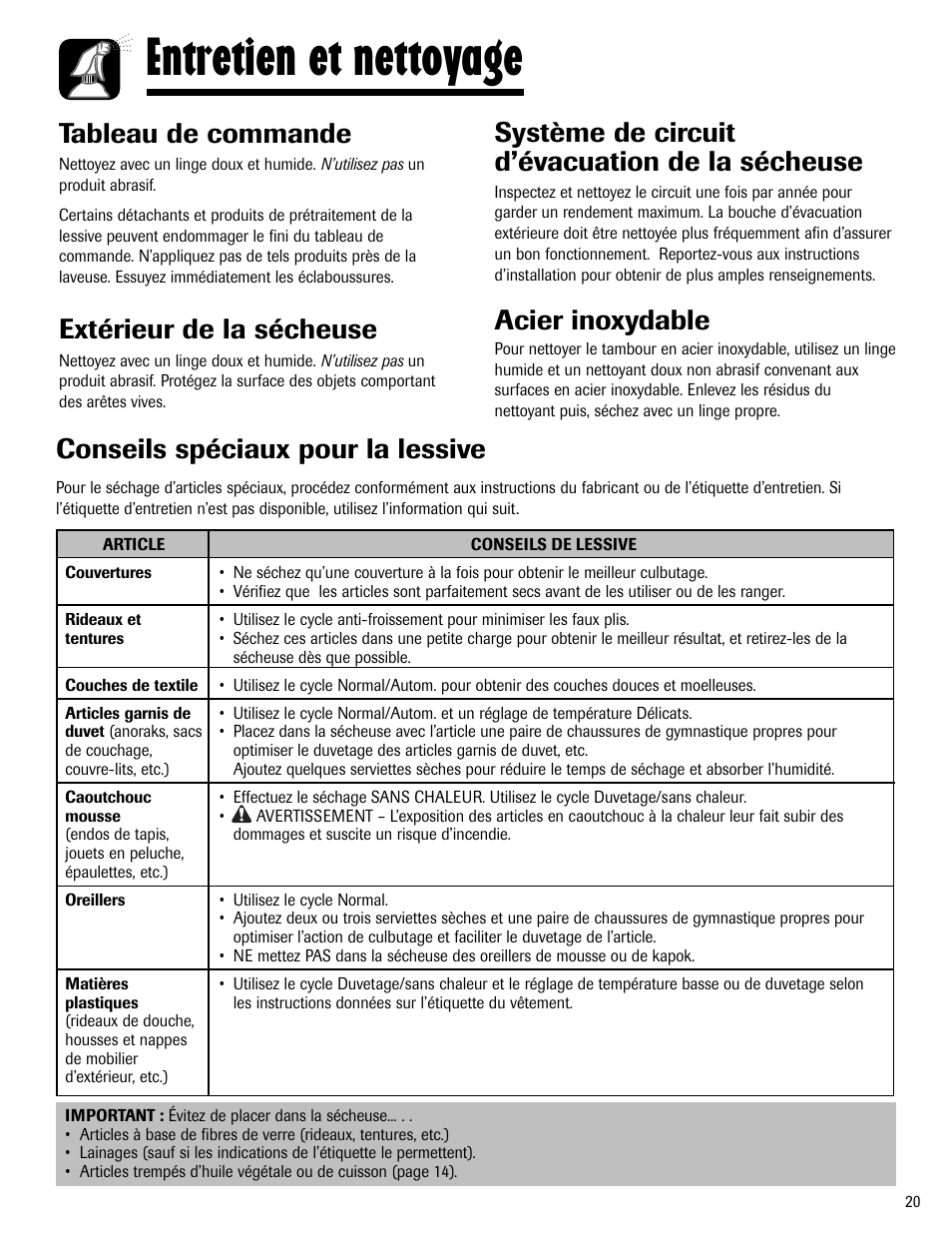 Entretien et nettoyage, Tableau de commande, Extérieur de la sécheuse | Système de circuit d’évacuation de la sécheuse, Acier inoxydable, Conseils spéciaux pour la lessive | Maytag MD-24 User Manual | Page 21 / 36