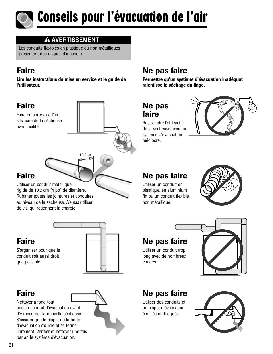 Conseils pour l’évacuation de l’air, Faire, Ne pas faire | Maytag MD-24 User Manual | Page 22 / 36