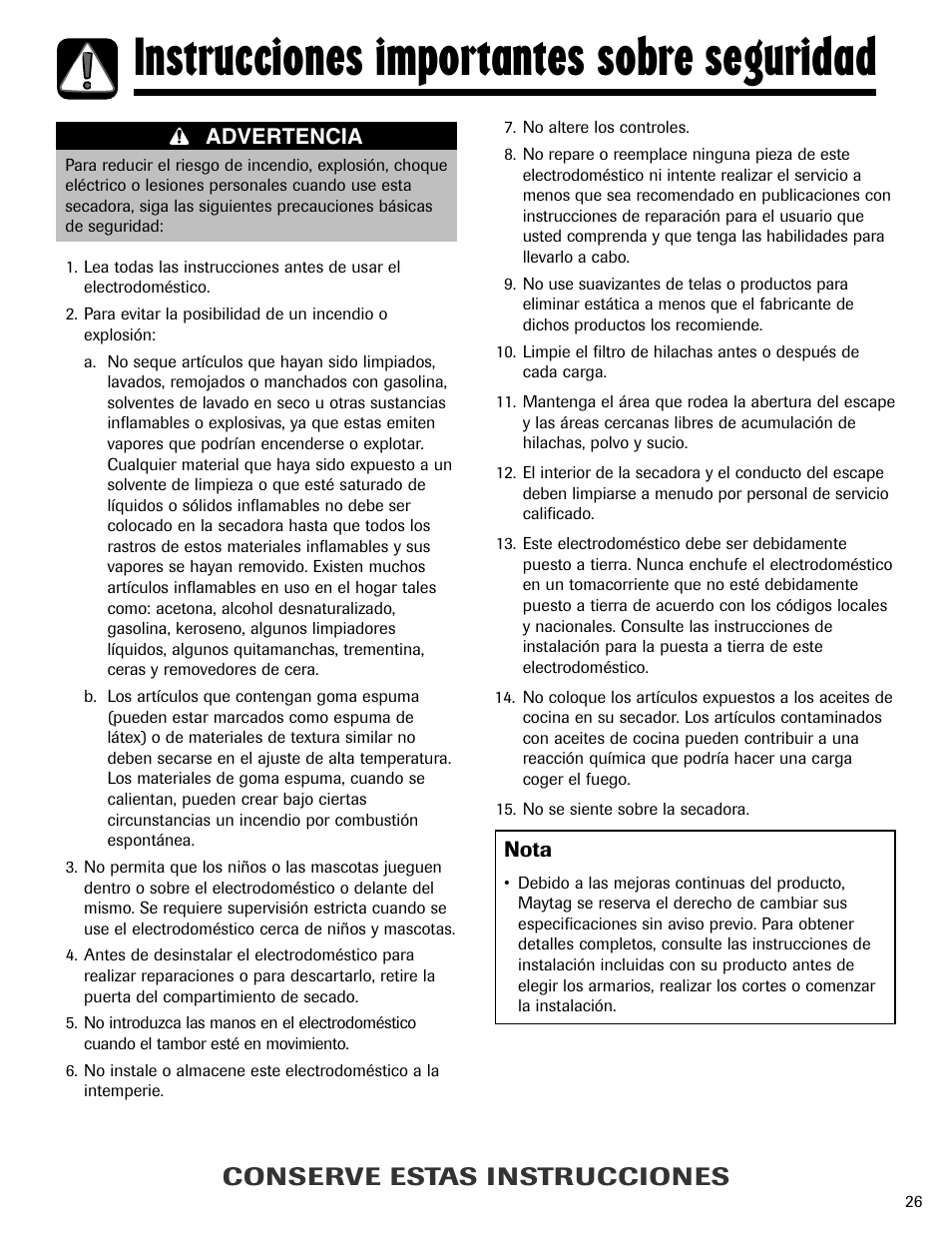 Instrucciones importantes sobre seguridad, Conserve estas instrucciones | Maytag MD-24 User Manual | Page 27 / 36