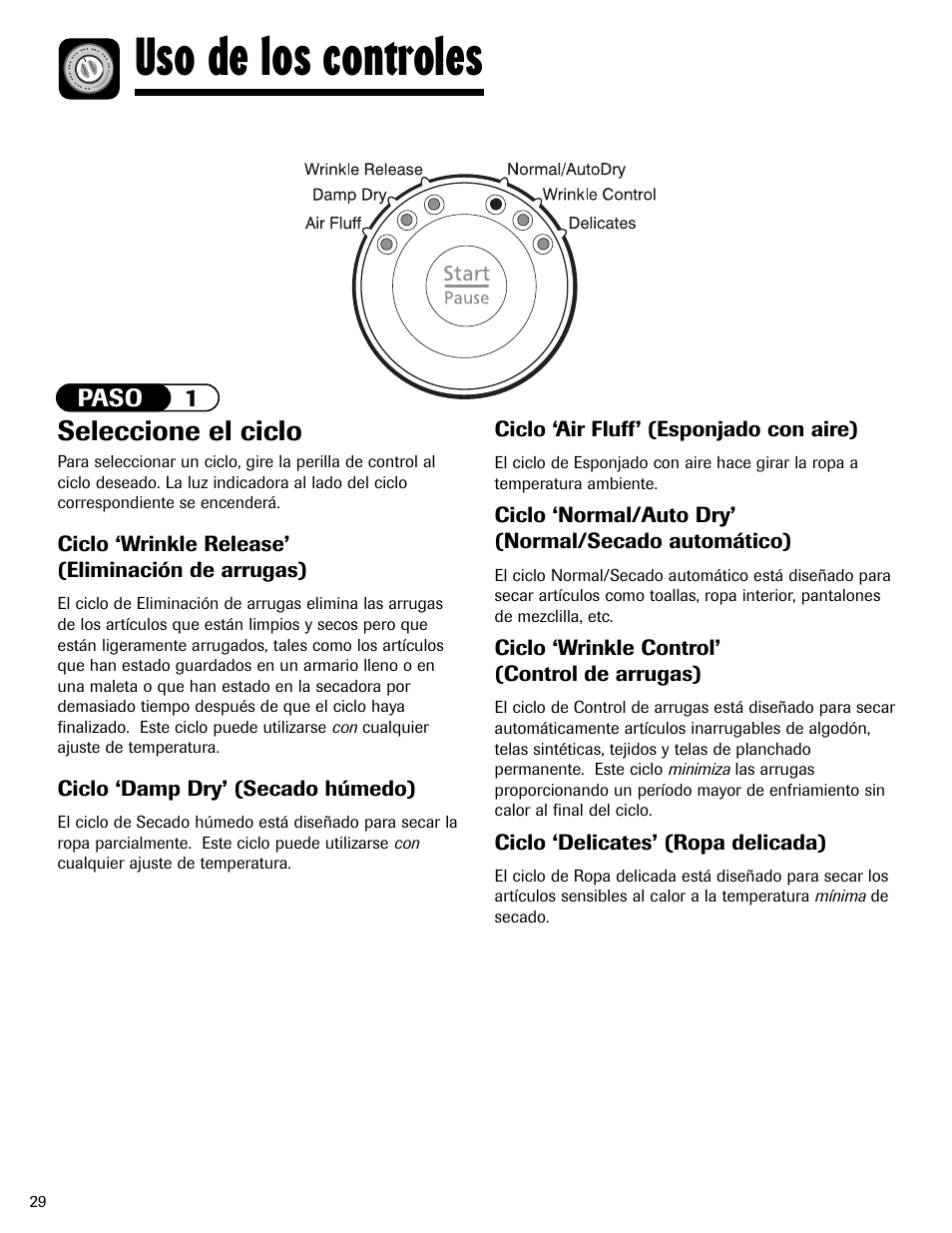 Uso de los controles, Seleccione el ciclo | Maytag MD-24 User Manual | Page 30 / 36