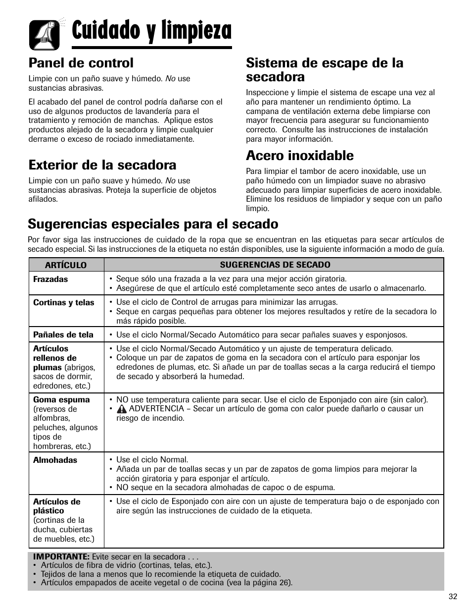 Cuidado y limpieza, Panel de control, Exterior de la secadora | Sistema de escape de la secadora, Acero inoxidable, Sugerencias especiales para el secado | Maytag MD-24 User Manual | Page 33 / 36