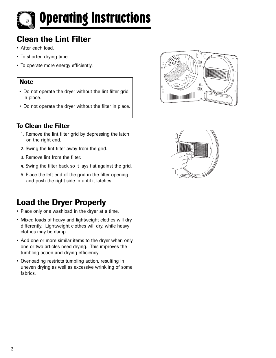 Operating instructions, Clean the lint filter, Load the dryer properly | Maytag MD-24 User Manual | Page 4 / 36