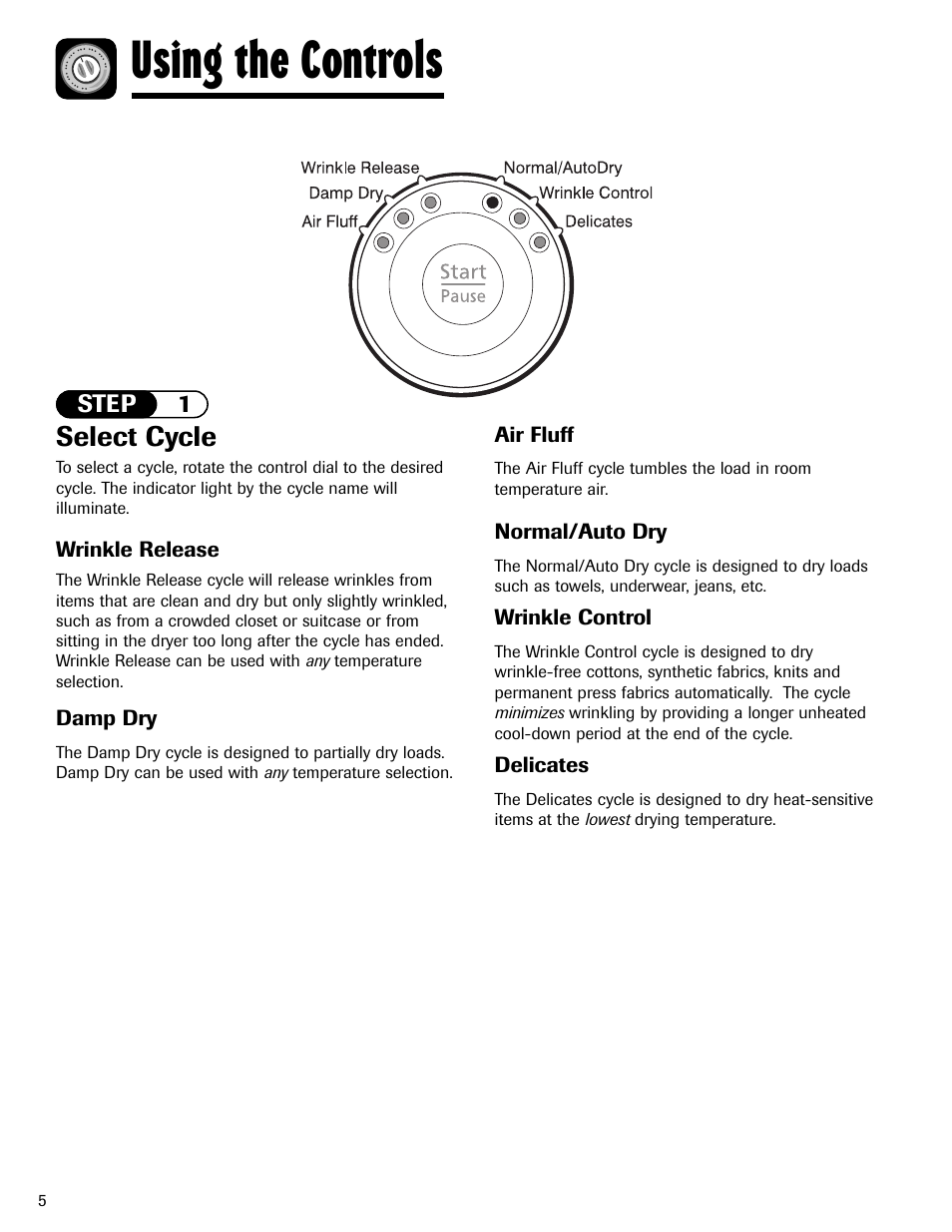 Using the controls, Select cycle | Maytag MD-24 User Manual | Page 6 / 36