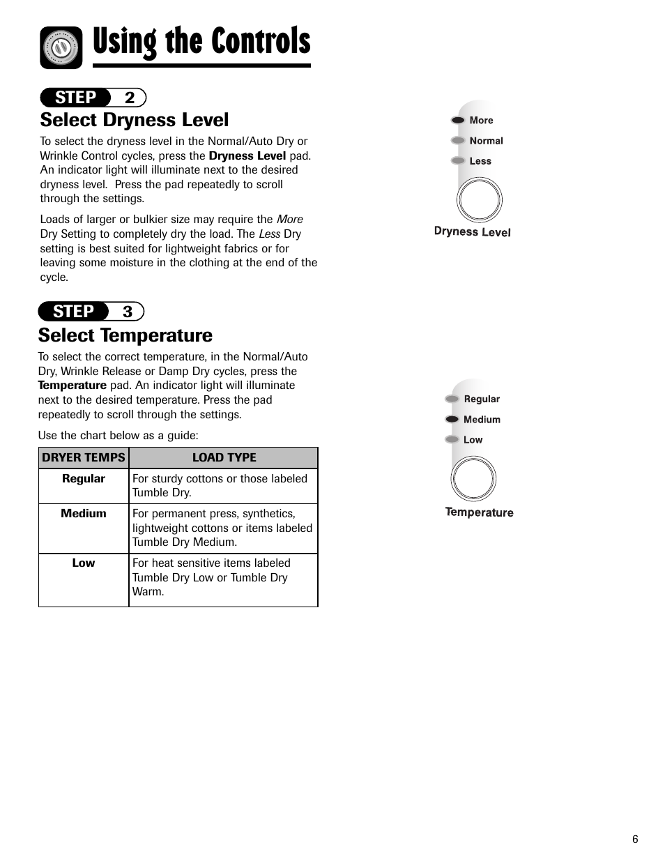 Using the controls, Select temperature, Select dryness level | Maytag MD-24 User Manual | Page 7 / 36