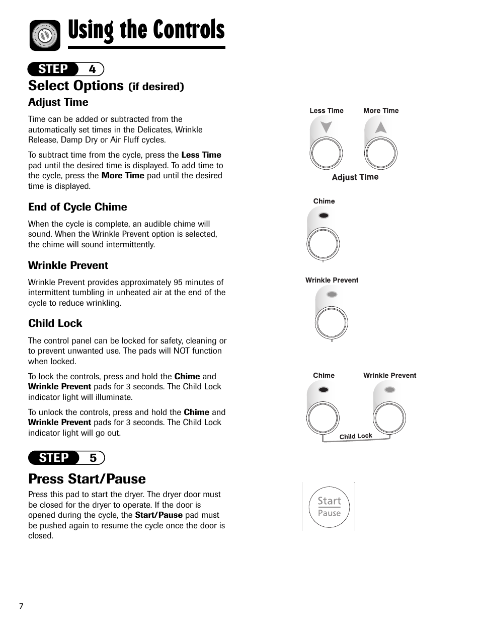 Using the controls, Select options, Press start/pause | Maytag MD-24 User Manual | Page 8 / 36