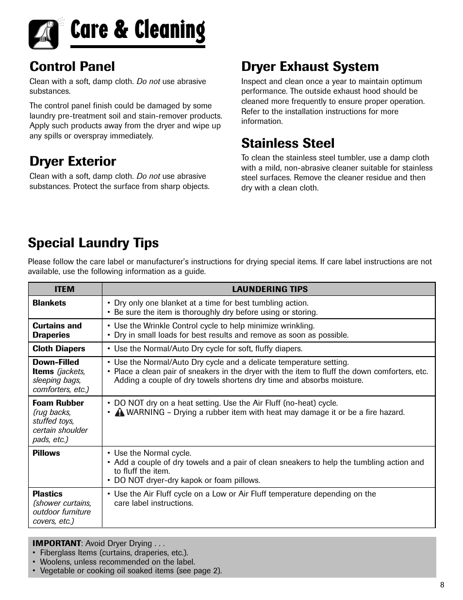 Care & cleaning, Control panel, Dryer exterior | Dryer exhaust system, Stainless steel, Special laundry tips | Maytag MD-24 User Manual | Page 9 / 36