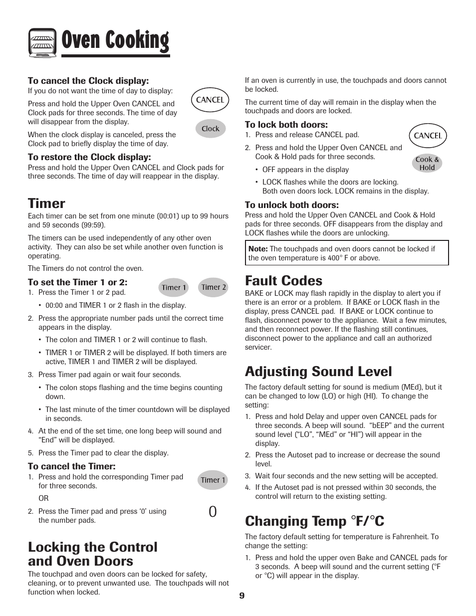 Oven cooking, Timer, Locking the control and oven doors | Fault codes, Adjusting sound level, Changing temp | Maytag 850 Series User Manual | Page 10 / 88