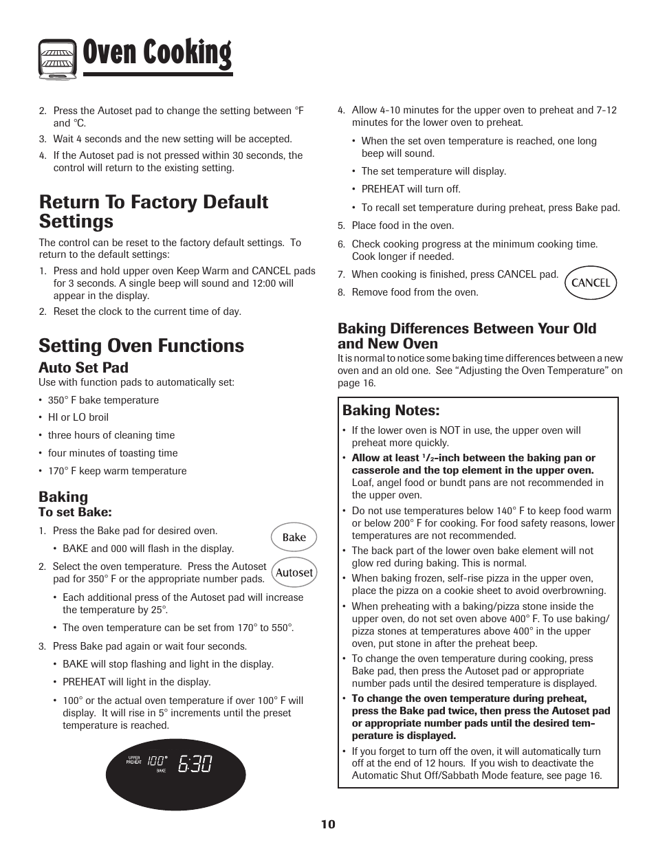 Oven cooking, Setting oven functions, Return to factory default settings | Auto set pad, Baking, Baking differences between your old and new oven | Maytag 850 Series User Manual | Page 11 / 88