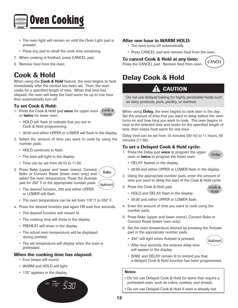 Oven cooking, Cook & hold, Delay cook & hold | Caution | Maytag 850 Series User Manual | Page 13 / 88