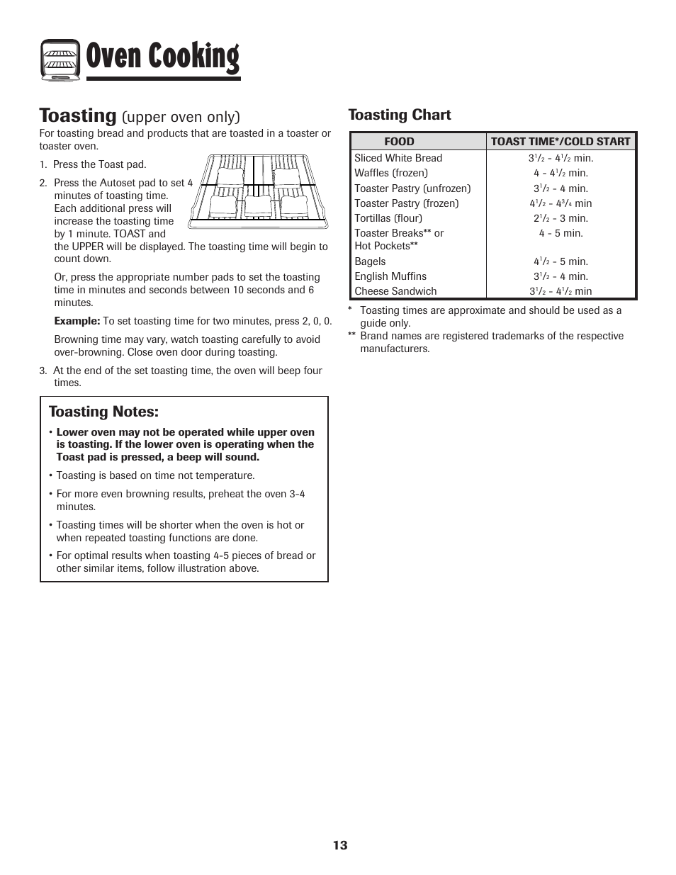 Oven cooking, Toasting, Upper oven only) | Toasting chart | Maytag 850 Series User Manual | Page 14 / 88