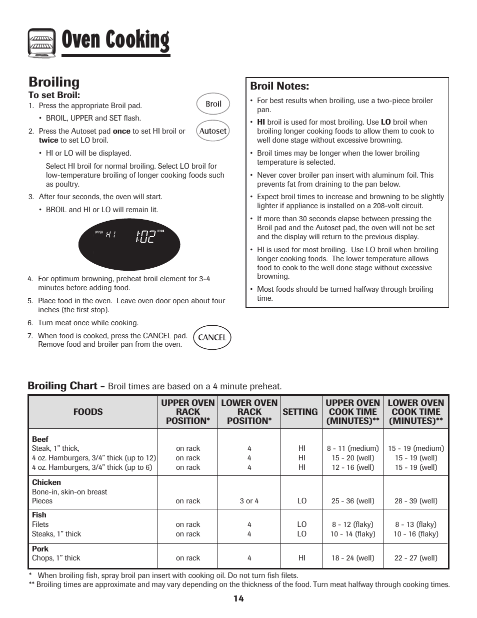 Oven cooking, Broiling, Broiling chart | Maytag 850 Series User Manual | Page 15 / 88