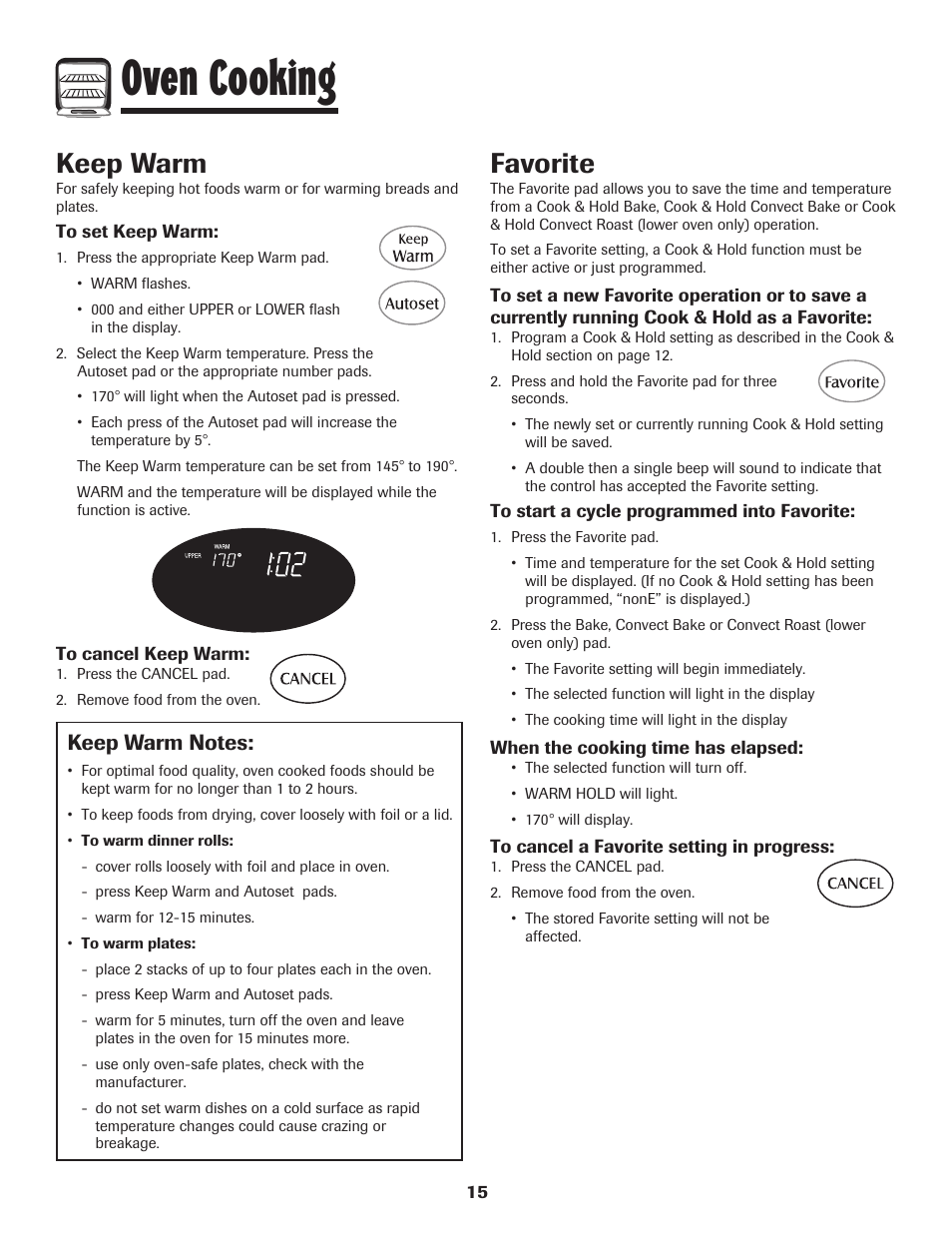 Oven cooking, Keep warm, Favorite | Maytag 850 Series User Manual | Page 16 / 88