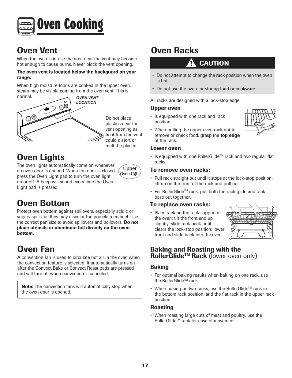 Oven cooking, Oven lights, Oven bottom | Oven vent, Oven racks, Oven fan, Caution, Baking and roasting with the rollerglide, Rack (lower oven only) | Maytag 850 Series User Manual | Page 18 / 88