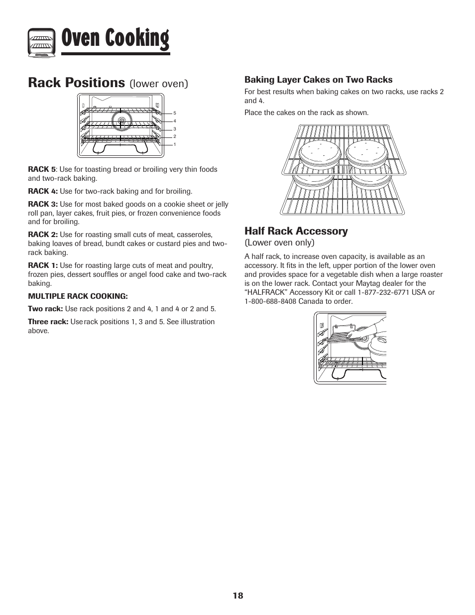 Oven cooking, Rack positions, Lower oven) | Half rack accessory | Maytag 850 Series User Manual | Page 19 / 88