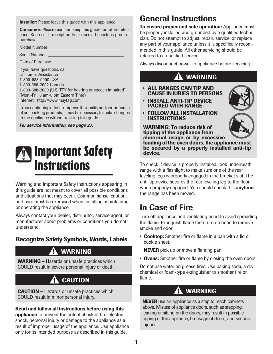 Important safety instructions, General instructions in case of fire | Maytag 850 Series User Manual | Page 2 / 88