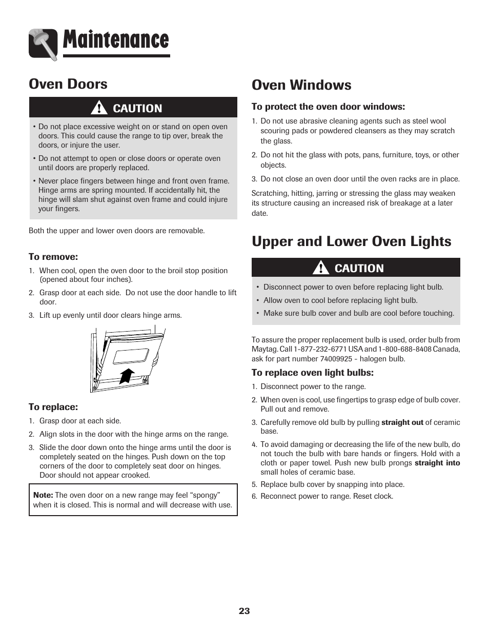 Maintenance, Oven doors, Upper and lower oven lights | Oven windows, Caution | Maytag 850 Series User Manual | Page 24 / 88