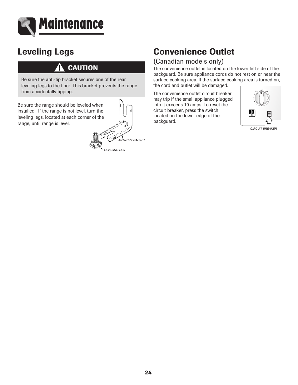 Maintenance, Convenience outlet, Leveling legs | Maytag 850 Series User Manual | Page 25 / 88