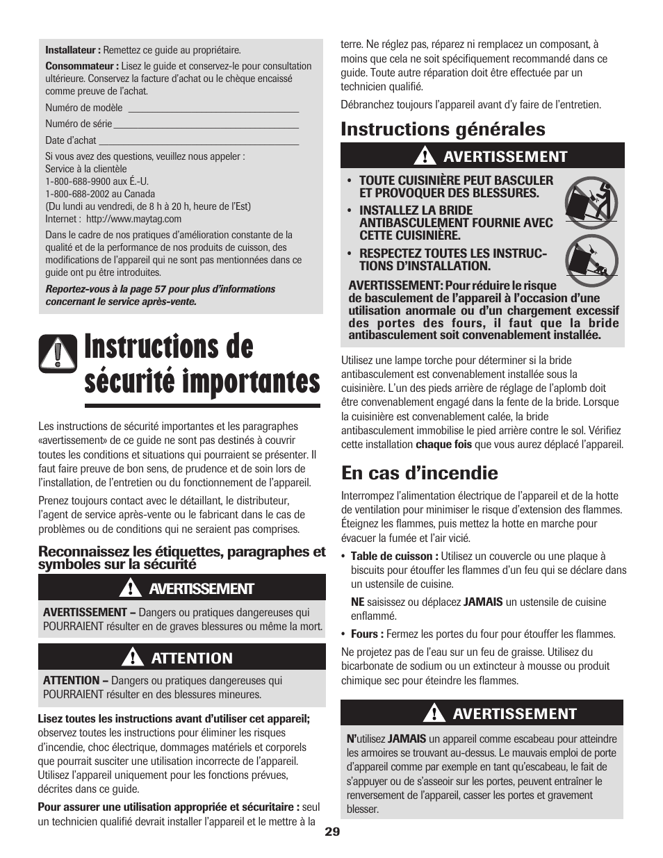 Instructions de sécurité importantes, Instructions générales en cas d’incendie | Maytag 850 Series User Manual | Page 30 / 88